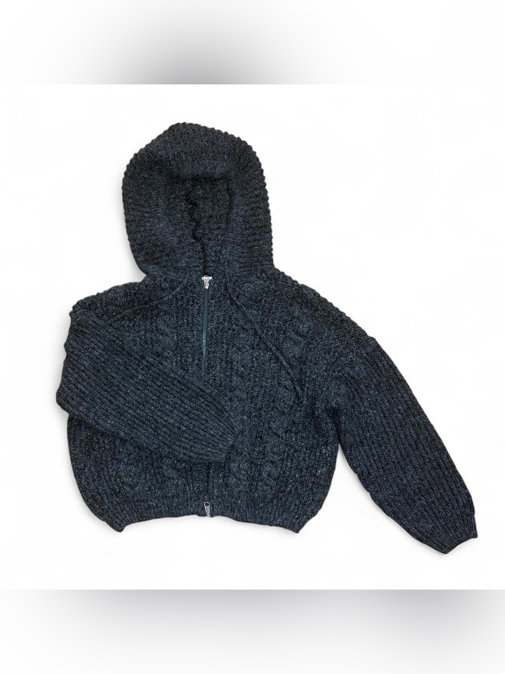 dark gray cable knit zip up hooded sweater